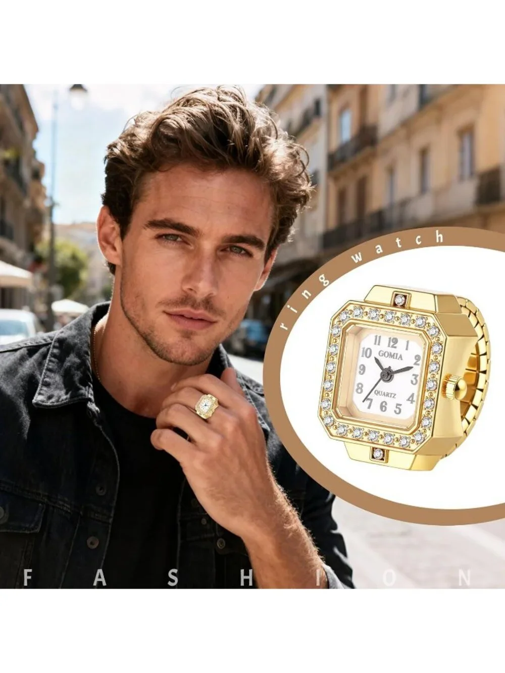 Unisex Gold White Quartz Stainless Steel Elastic Band Square Finger Ring Watch
